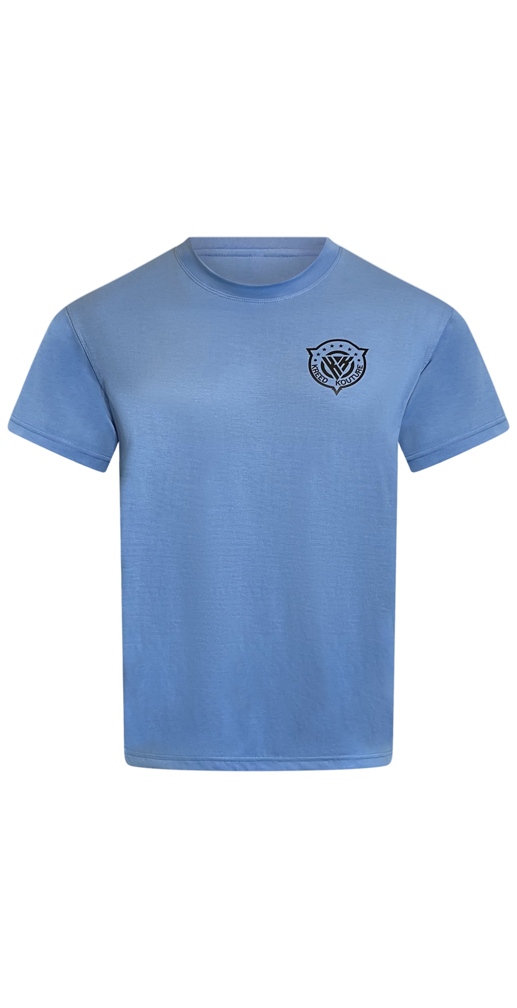 Blue t-shirt with a logo on the chest against a white background