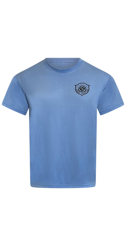 Blue t-shirt with a logo on the chest against a white background