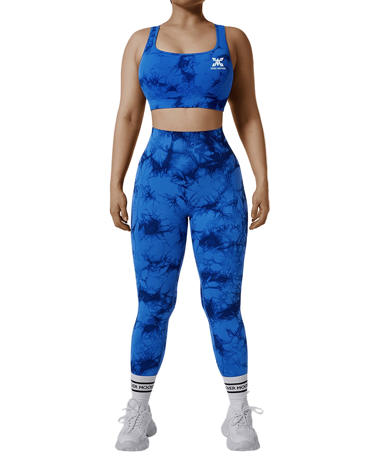 Person wearing a blue tie-dye athletic outfit on a white background