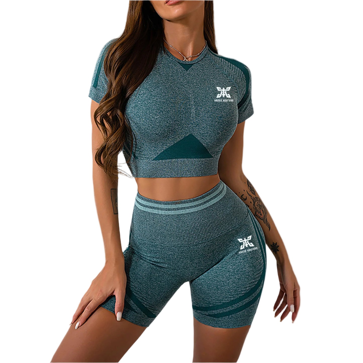 Woman wearing a green athletic outfit with a logo on a white background