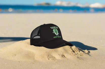 Black cap with green logo on a white background