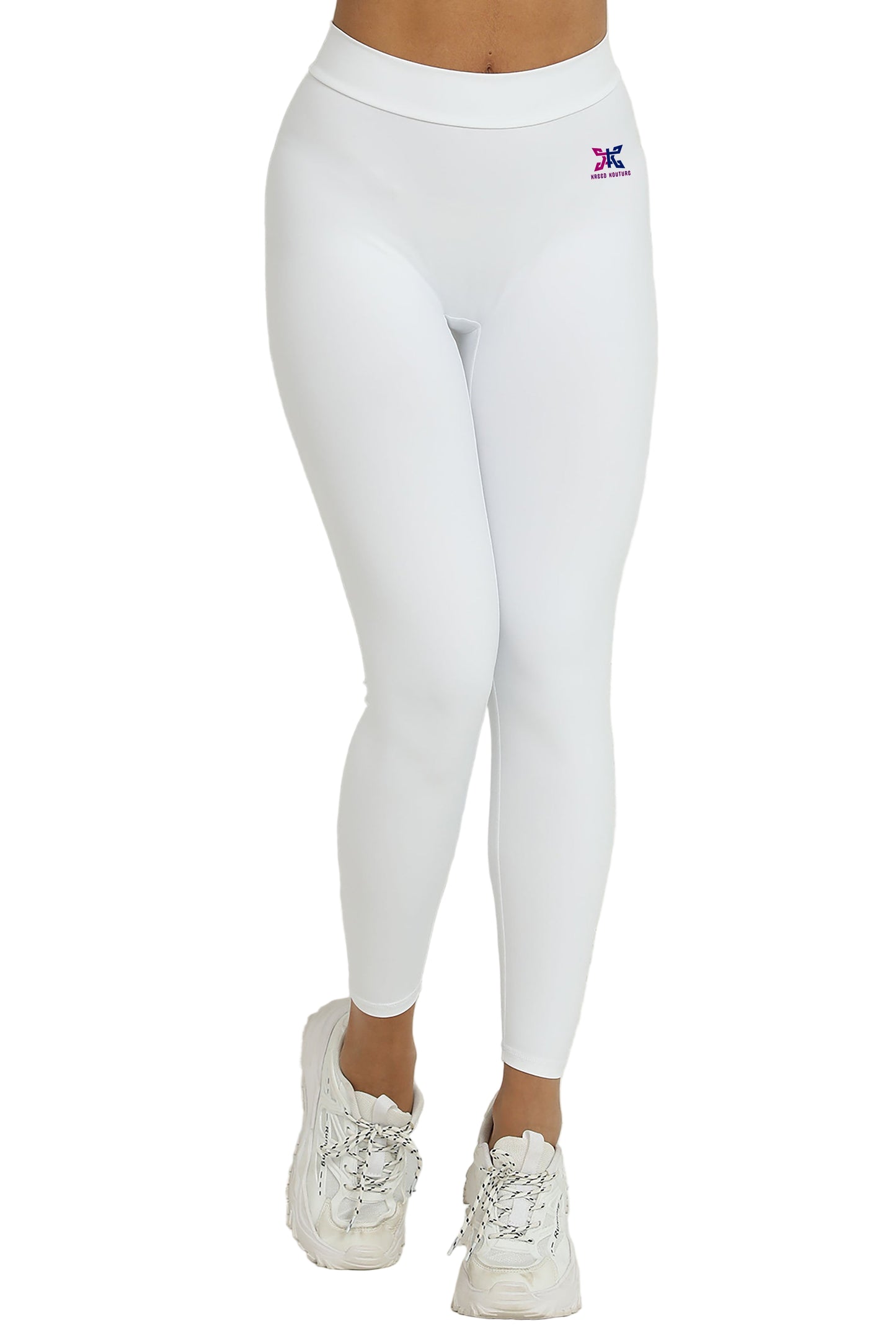 White leggings with a small logo worn by a person on a light background