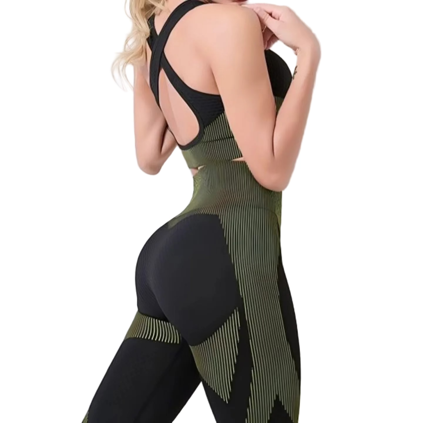 Person wearing a green and black patterned outfit against a plain background