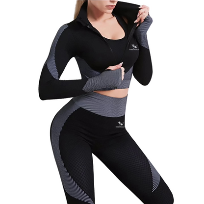 Person wearing a black and gray athletic outfit with a logo on a white background