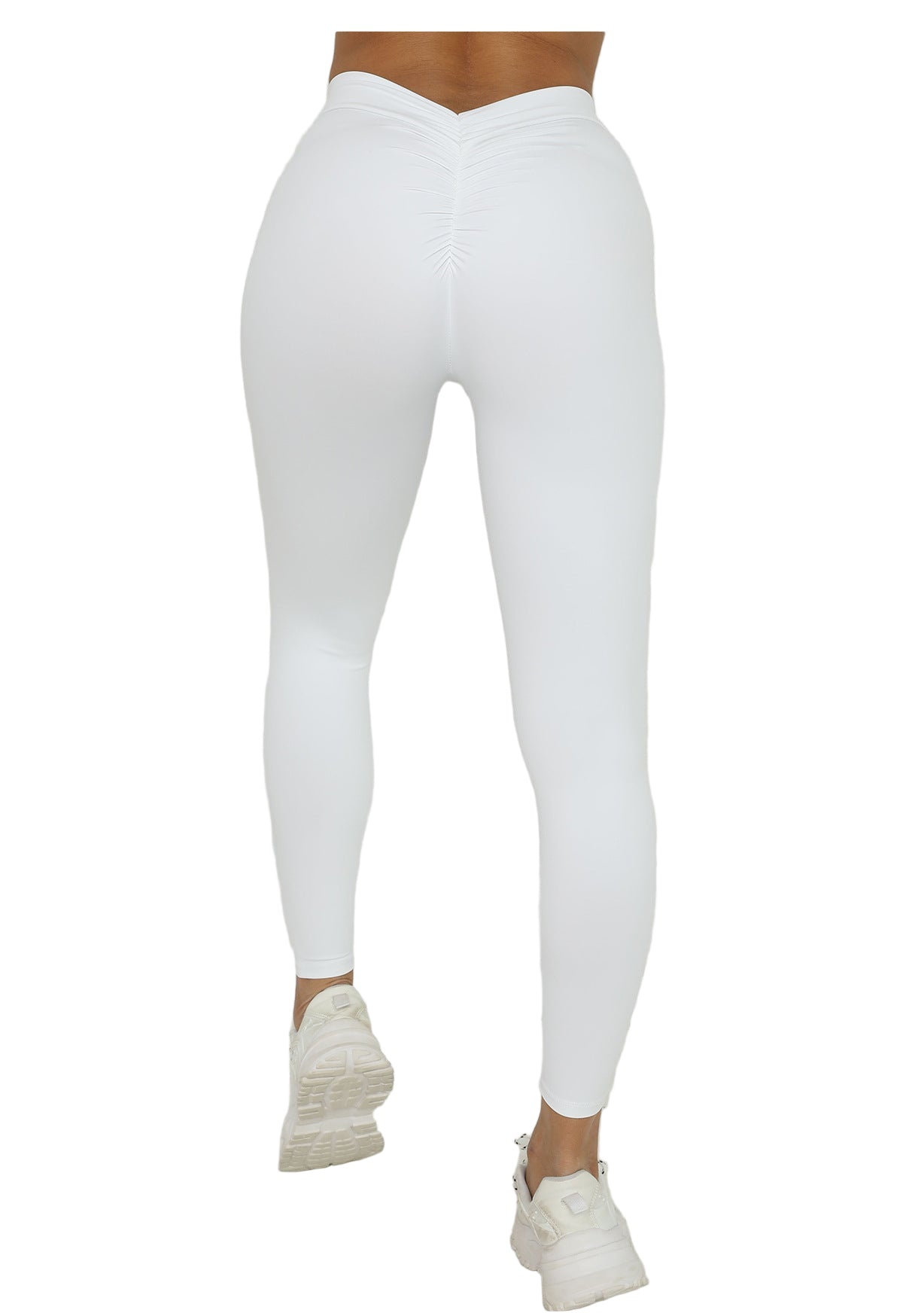 White leggings worn by a person on a white background