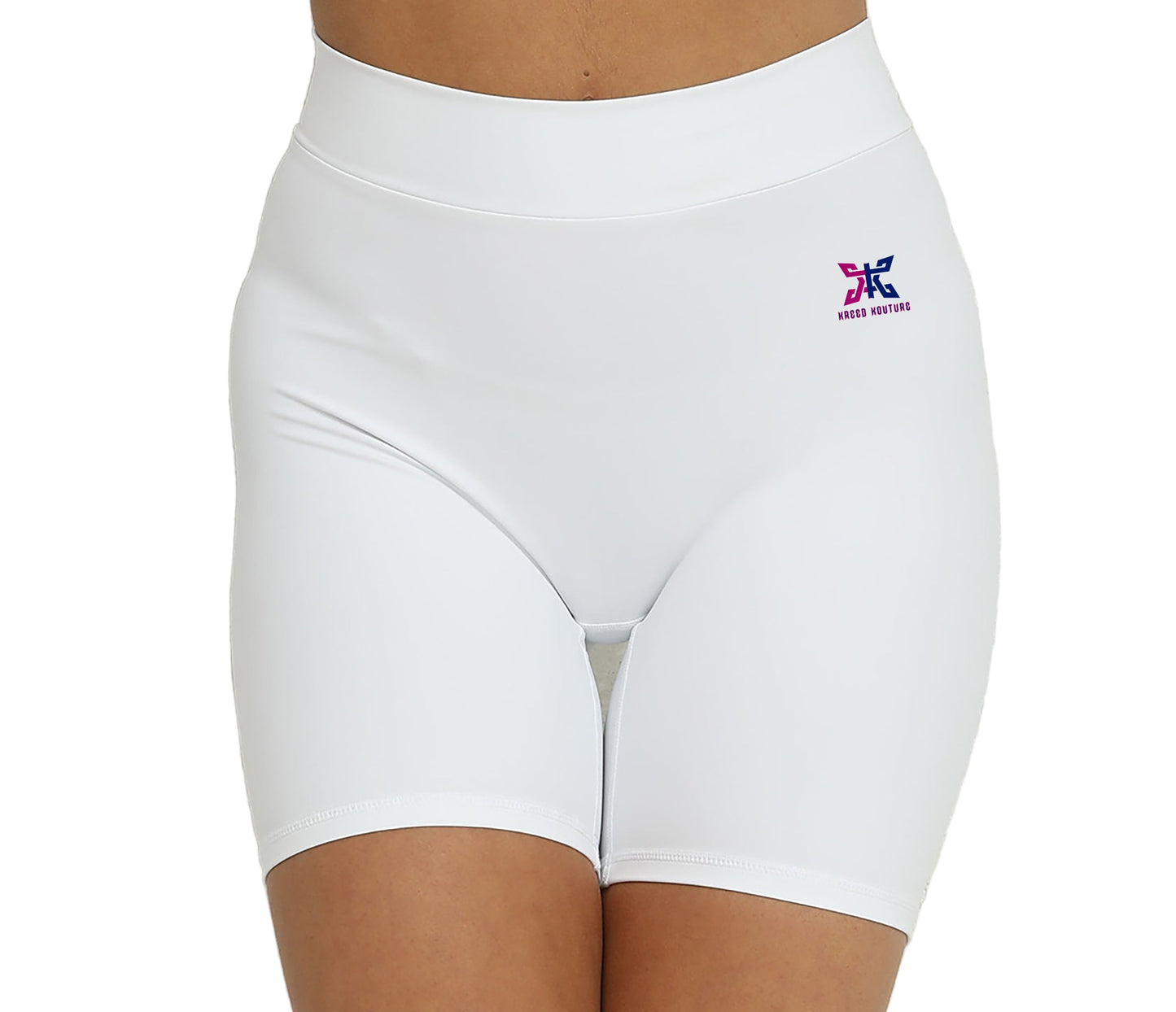 White athletic shorts with a logo on a neutral background