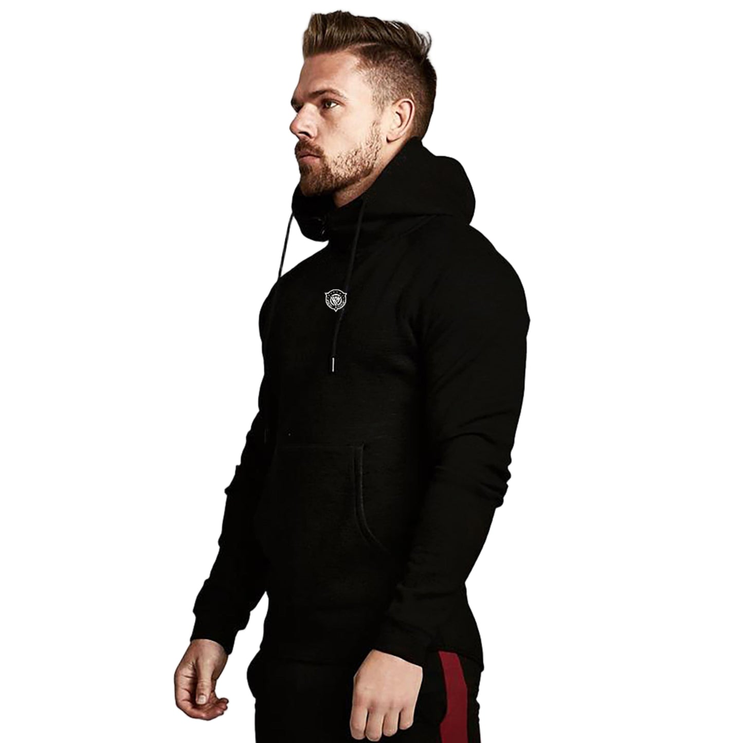 Man wearing a black hoodie with a logo on a light gray background