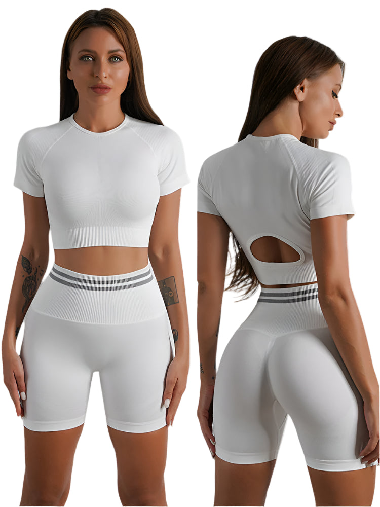White athletic outfit with cutout design on a white background