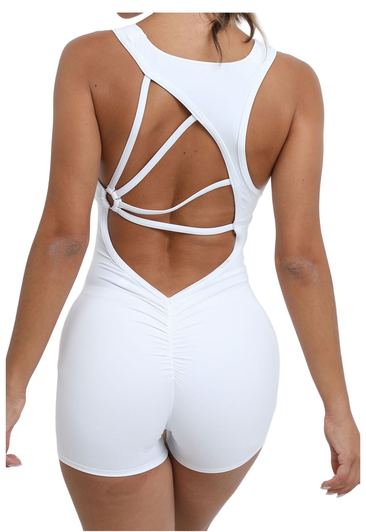 White strappy romper worn by a person on a white background